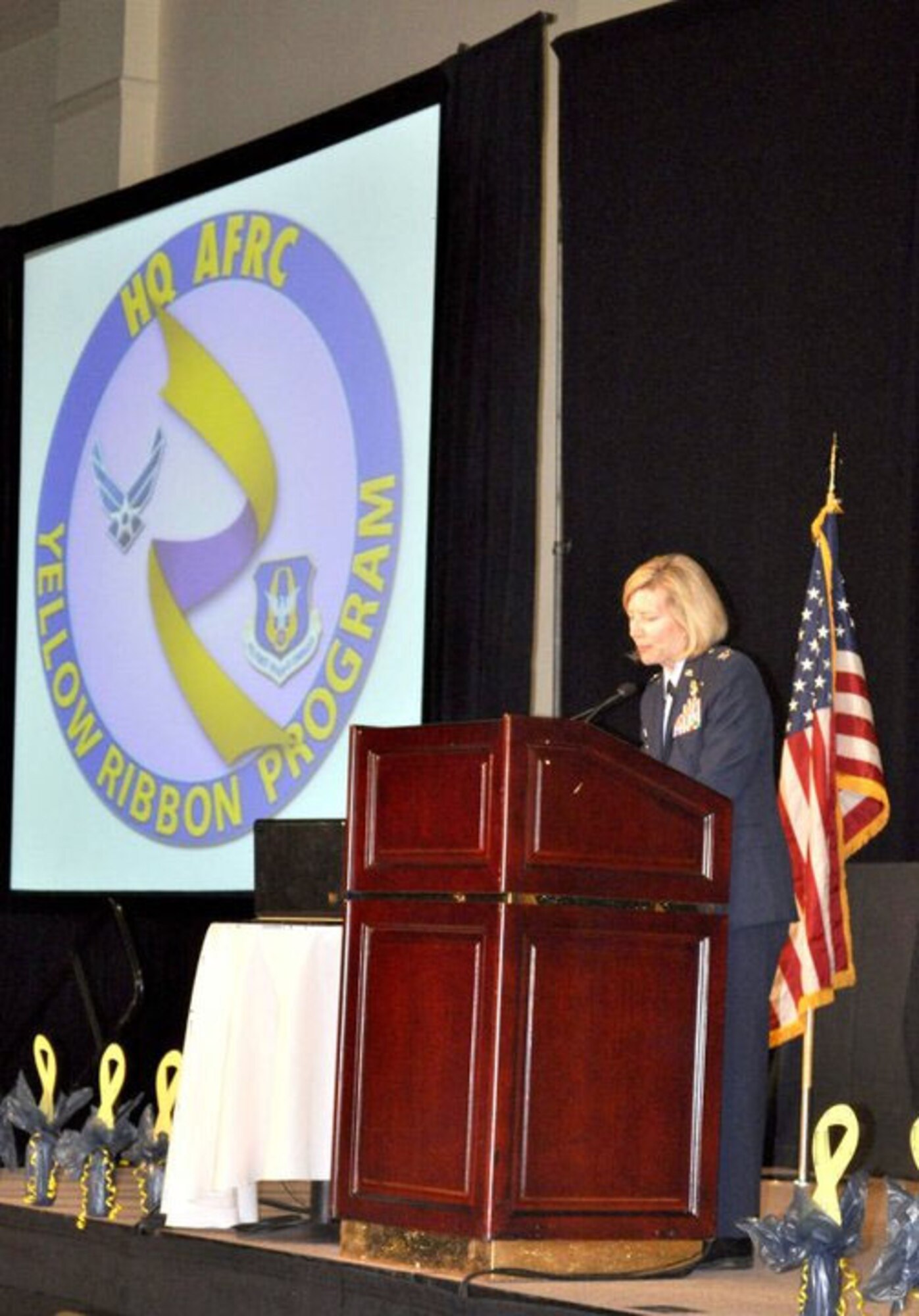 Col. Mary E. Aldriean, 452 AMW Vice Commander, gives an opening speech inviting attendees to the Yellow Ribbon. March Air Reserve Base held a Yellow Ribbon event November 12-14 in San Diego with Airmen attending from March, Beale, McChord and Travis Air Bases. (U.S. Air Force photo by Valerie M Palacios)