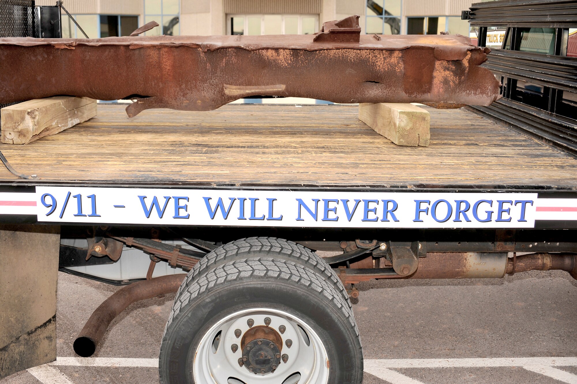 A steel beam recovered from the World Trade Center arrived Nov. 19, 2010, at Cheyenne Mountain Air Force Station, Colo. The beam will be incorporated into a permanent memorial on Cheyenne Mountain AFS, and is expected to be officially unveiled in September 2011. Col. Rusty Wilson, the 721st Mission Support Group commander, invited a team of engineering students from the University of Colorado at Colorado Springs to design the memorial. (U.S. Air Force photo/Larry Hulst)