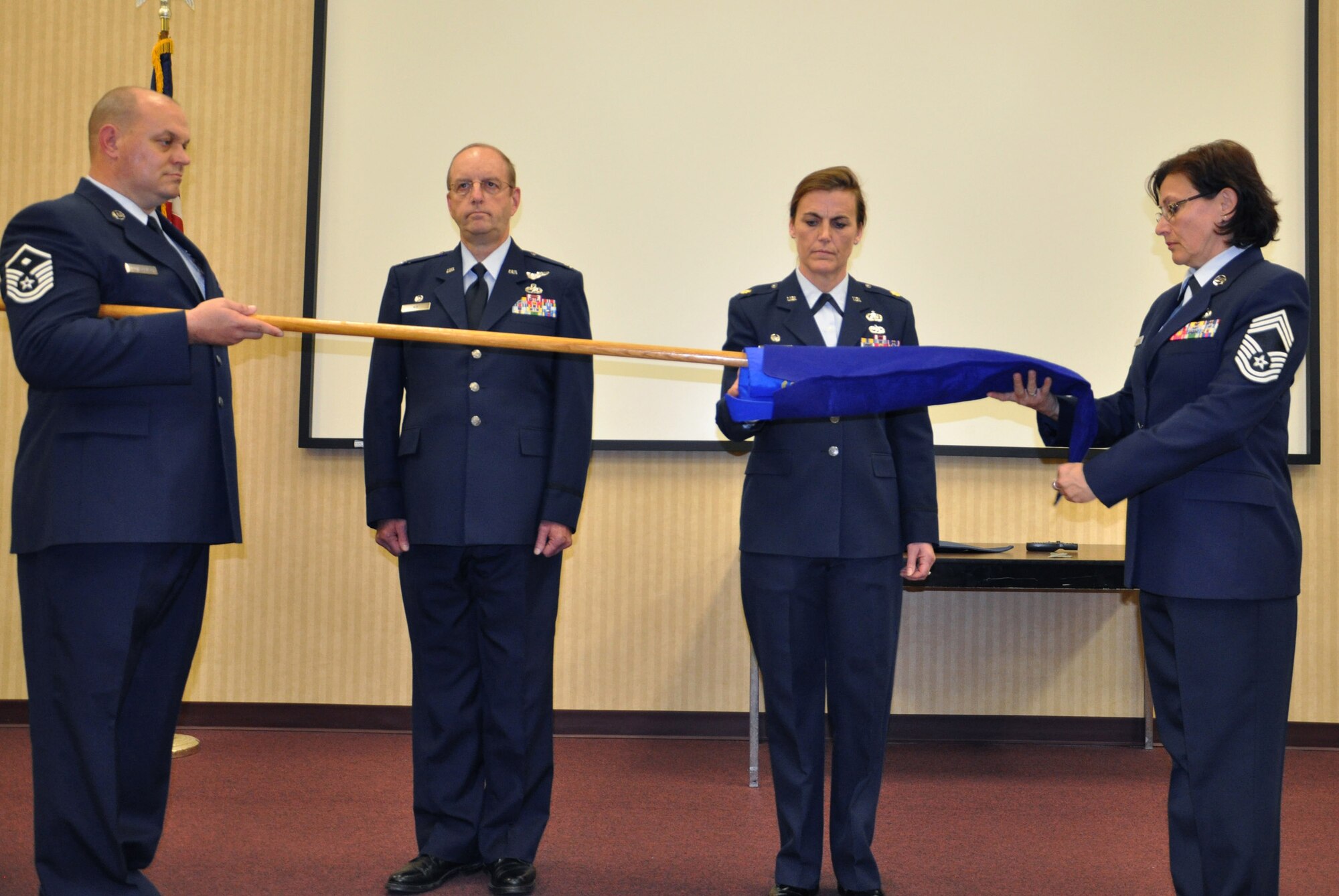 JOINT BASE MCGUIRE-DIX-LAKEHURST, N.J. -- Members of the 514th Air Mobility Wing participate in the inactivation ceremony of the 514th Mission Support Squadron and the redesignation of the 514th Services Flight to the 514th Force Support Squadron, Nov. 20 here. (U.S. Air Force photo/Airman 1st Class Kerelin Molina)