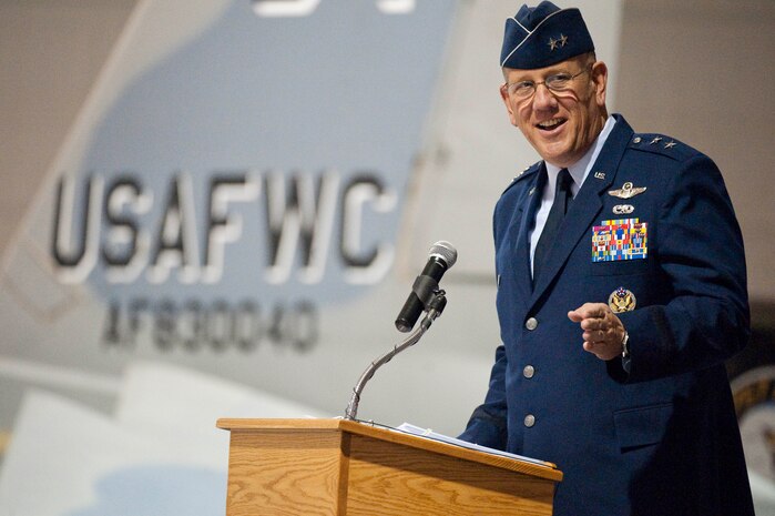 NELLIS AIR FORCE BASE, Nev. --  Maj. Gen. James W. Hyatt, U.S. Air Force Warfare Center commander, speaks to the audience during the USAFWC change of command ceremony Nov. 30. (U.S. Air Force photo by Tech. Sgt. Michael R. Holzworth)