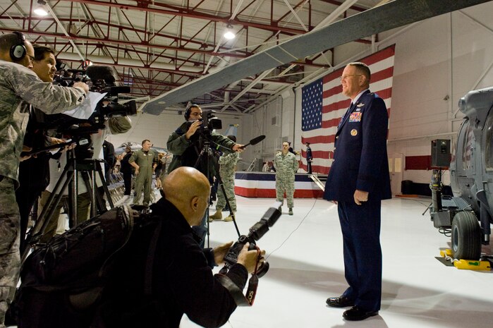 NELLIS AIR FORCE BASE, Nev. -- Maj. Gen. James Hyatt, incoming U.S. Air Force Warfare Center commander, speaks to the media after the USAFWC change of command ceremony Nov. 30.  (U.S. Air Force photo by Lawrence Crespo)