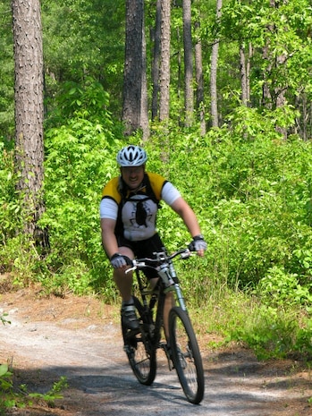Master Sgt. Colin Papke rides the Marrington Trails on Joint Base Charleston-Weapons Station, S.C. Located in the Marrington Plantation Outdoor Recreation area, the trail system is one of the premier hiking and off-road bicycling locations in South Carolina. (Courtesy photo)
