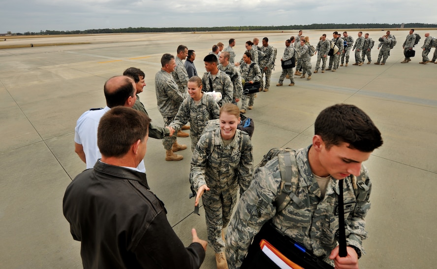 MOODY AIR FORCE BASE, Ga.-- Moody leadership bid farewell to Airmen from the 824th Base Defense Squadron during a recent deployment. Airmen from the 824th BDS will be deployed approximately six month tour to their deployed location. (U.S. Air Force photo/Airman 1st Class Joshua Green)(RELEASED)
