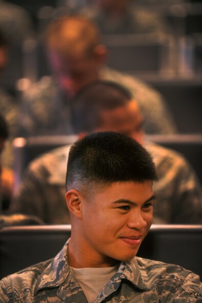MOODY AIR FORCE BASE, Ga.-- Airman Jonathan Lomboy, 824th Base Defense Squadron fire team member, cracks a little smile while recently waiting on the arrival of the plane that will take him to his deployed location. This is Airman Lomboy’s first deployment and he was nervous yet excited to get the experience. (U.S. Air Force photo/Airman 1st Class Joshua Green)(RELEASED)
