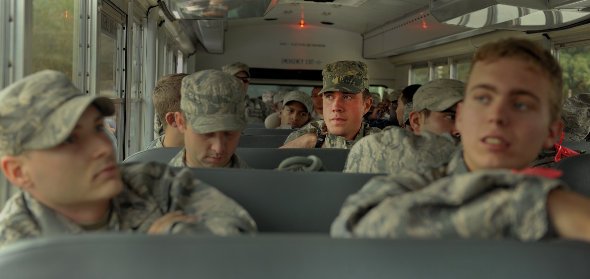MOODY AIR FORCE BASE, Ga.-- Airman 1st Class Samuel Lewis, 824th Base Defense Squadron fire team member, waits for the bus to be unloaded so he can process through the deployment line. Airmen from the 824th BDS will deploy for approximately six months to Southwest Asia. (U.S. Air Force photo/Airman 1st Class Joshua Green)(RELEASED)
