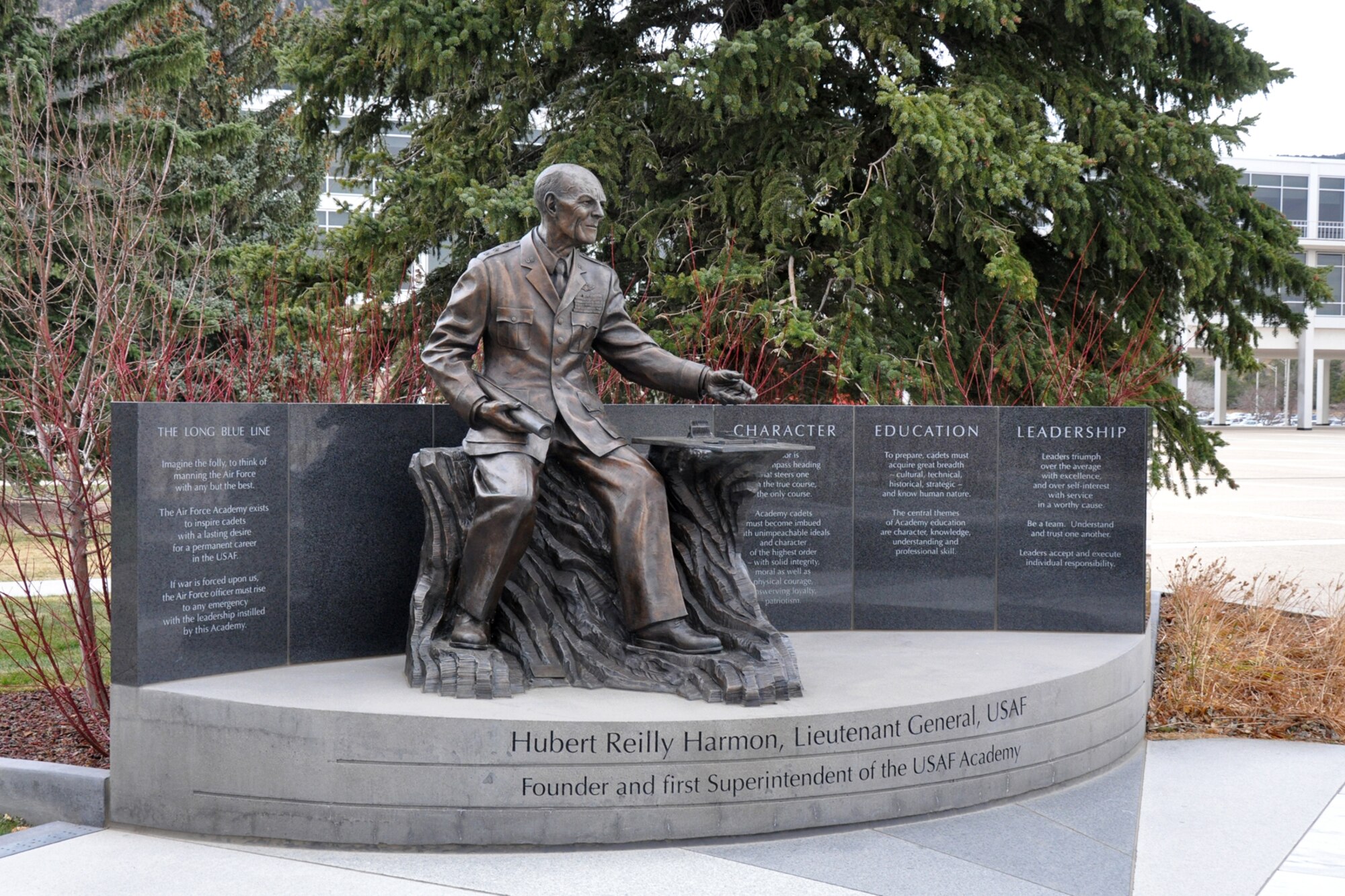 A statue of Lt. Gen. Hubert Reilly Harmon on the grounds of the U.S. Air Force Academy, Colorado Springs, Colo., Nov. 19, 2010. General Harmon, who had a distinguished career in World War II, was instrumental in developing the plans for the establishment of the  US Air Force Academy. He was one of the persons most influential in establishing it as a successful education institution, and its first superintendent. On April 1, 2004, in celebration of the U.S. Air Force Academy's 50th Anniversary, General Harmon was named "The Father of the U.S. Air Force Academy." For more information about tours of the U.S. Air Force Academy, call the Visitors Center at 719-333-2025 or email pa.comrel@usafa.af.mil. (Courtesy photo/Jeff Walston)