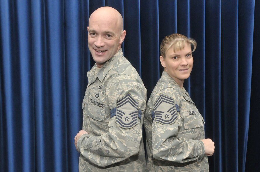 Incirlik’s newest chief master sergeant selectees, Senior Master Sergeants Brett Rogers, 39th Civil Engineer Squadron and Teresa Clapper, 39th Force Support Squadron, get together before their recognition ceremony Nov. 24, 2010 at Incirlik Air Base, Turkey. CMSgt is the highest enlisted rank in the Air Force, made up of the top one percent. With experience and expertise, CMSgt’s serve as key leaders in today and tomorrow’s Air Force. (U.S. Air Force photo by Senior Airman Alexandre Montes/Released)