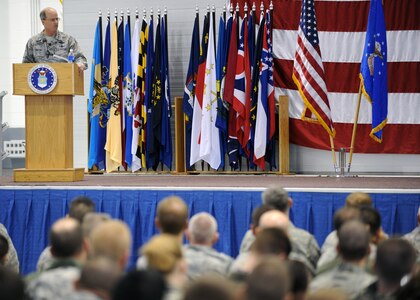 MINOT AIR FORCE BASE, N.D. - Gen. Kevin P. Chilton, U.S. Strategic Command commander, speaks to the men and women of Minot AFB during his visit here Nov. 30. General Chilton&#039;s visit highlighted the nuclear deterrence role of Team Minot in the Air Force Global Strike Command mission. The general also congratulated the men and women of Minot AFB for successfully completing their recent inspections. (U.S. Air Force photo/Staff Sgt. Keith Ballard)