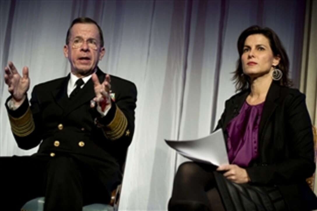 U.S. Navy Adm. Mike Mullen, chairman of the Joint Chiefs of Staff, answers a question from ABC News correspondent Claire Shipman, who moderated the Alfred P. Sloan Foundation Focus on Workplace Flexibility panel at the Corcoran Gallery of Art in Washington, D.C., Nov. 29, 2010.