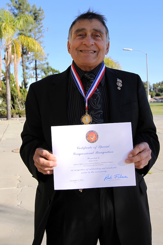A Certificate of Special Recognition was presented to Angel Aviles, president of the Military Officers Association of America Pendleton Chapter, Nov. 5, in acknowledgment of being selected as Camp Pendleton's 2010 Veteran of the Year for his outstanding and invaluable service to the community. Aviles has served this nation since 1953 as a soldier, a coast guardsman, a U.S. Custom Service Inspector and an Intelligence officer.