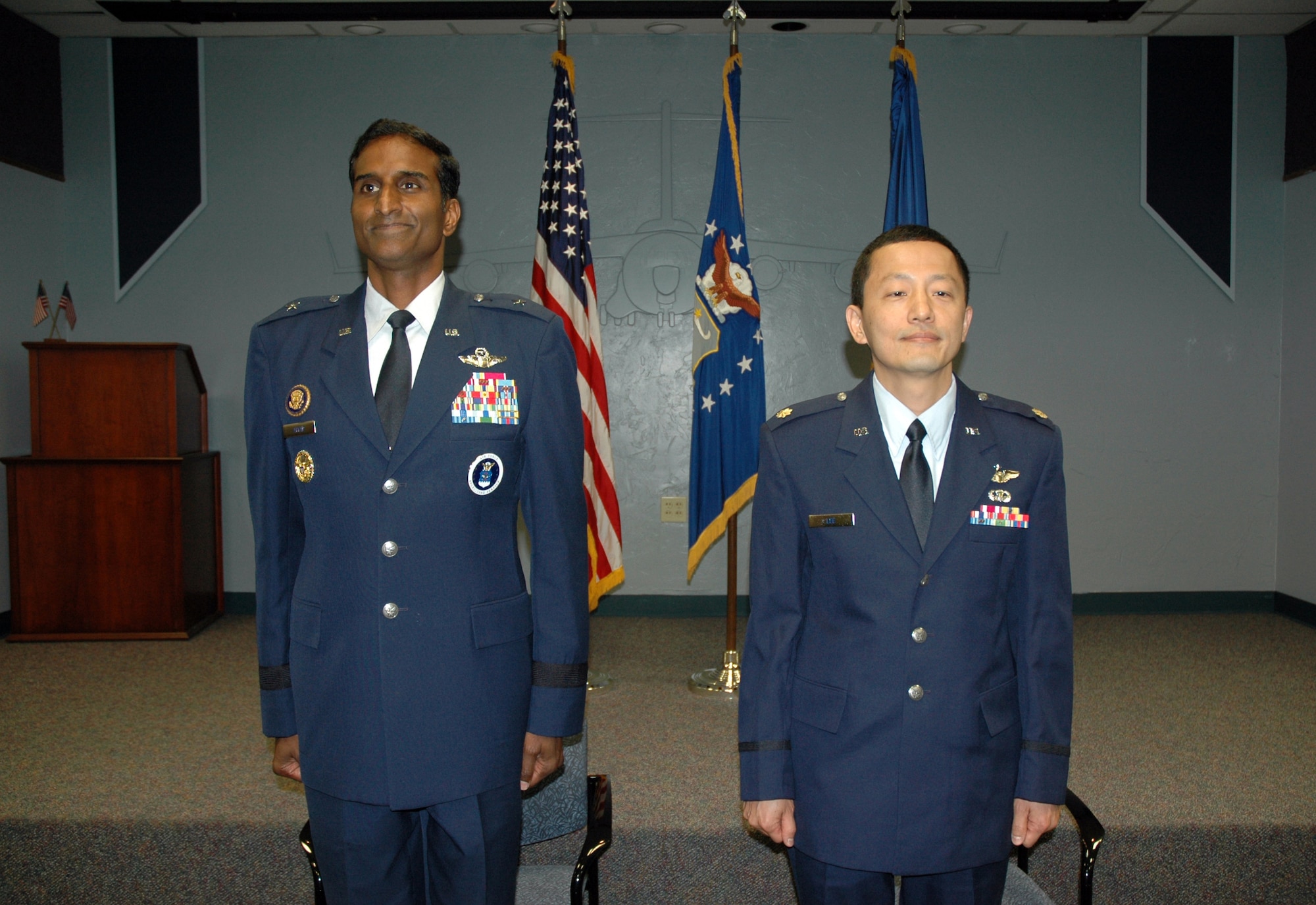 JOINT BASE LEWIS-MCCHORD, Wash.- Maj. Steven Lee, right, 446th Airlift Wing executive, stands with Brig. Gen. Balan Ayyar, Air Force Recruiting Service commander, Randolph Air Force Base, Texas, during Major Lee’s promotion ceremony at the 446th AW headquarters auditorium here, Oct 1. Major Lee was promoted to lieutenant colonel.  Colonel Lee and General Ayyar graduated from the Air Force Academy, Colorado Springs, Colo. in 1987. They were in undergraduate pilot training together at Columbus Air Force Base, Miss., where they became friends. They worked together as T-37 Tweet instructor pilots at Columbus AFB as their first duty assignments. In 1994, General Ayyar commanded the 4th Airlift Squadron at then, McChord Air Force Base, Wash., while Colonel Lee flew the C-141 Starlifter as a Reservist with the 313th Airlift Squadron, also at McChord AFB. (U.S. Air Force photo/2nd Lt. Denise Hauser)  