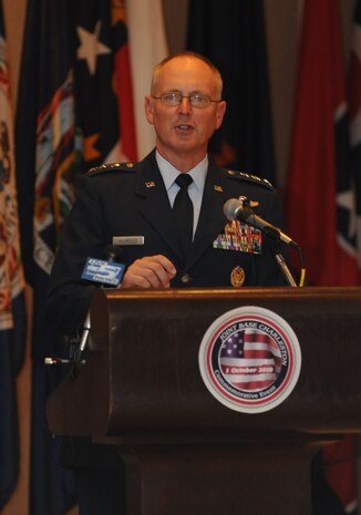 Air Force Lt. Gen. Robert Allardice speaks about the future of joint basing Oct. 1, 2010, at the Joint Base Charleston inaugural ceremony on the JB CHS-Weapons Station in South Carolina. Other guest speakers and distinguished guests included Naval Region Southeast Commander Rear Adm. Tim Alexander, 628th Air Base Wing Commander Col. Martha Meeker, 628 ABW Deputy Commander Navy Capt. Ralph Ward, South Carolina Senator Lindsey Graham and South Carolina Congressman Henry Brown. General Allardice is the commander of the 18th Air Force. (U.S. Air Force photo/Airman 1st Class Lauren Main)
