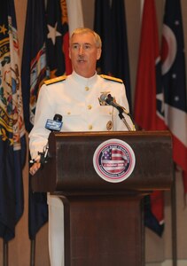 Navy Rear Adm. Tim Alexander talks about the history of Naval Weapons Station Charleston at the Joint Base Charleston inaugural ceremony Oct. 1, 2010, on the JB CHS-Weapons Station in South Carolina. Other guest speakers and distinguished guests included 18th Air Force Commander Lt. Gen. Robert Allardice, 628th Air Base Wing Commander Col. Martha Meeker, 628 ABW Deputy Commander Navy Capt. Ralph Ward, South Carolina Senator Lindsey Graham and South Carolina Congressman Henry Brown. Admiral Alexander is the Naval Region Southeast Commander. (U.S. Air Force photo/Airman 1st Class Lauren Main)