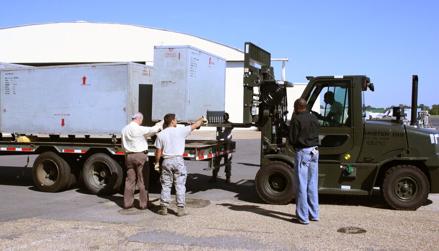 BARKSDALE AIR FORCE BASE, La. – Tech. Sgt. Mauricio Aguirre, 372nd Training Squadron Detachment 5, and Mr. Dave Fogelman, Southern University at Shreveport, help relocate B-52 training panels from the downtown Shreveport airport to base. The donated panels will be cleaned and ready for use by the 372nd Training Squadron Detachment 5 by Dec. 1. (Courtesy photo)