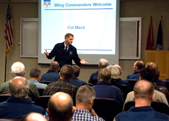 Col. Russ Mack, the 71st Flying Training Wing commander, welcomes 75 new government employees to Team Vance during a government employee orientation held today in the 8th Flying Training Squadron’s auditorium at Vance AFB. Of the 75 new employees, 73 are flight simulator operators. “I appreciate the effort you put into training our young aviators,” said Colonel Mack. “Thank you for what you do for Team Vance.” During the orientation the new government employees took an oath very similar to the one enlisted and commissioned Airmen take when entering the military. (U.S. Air Force photo/ Terry Wasson)