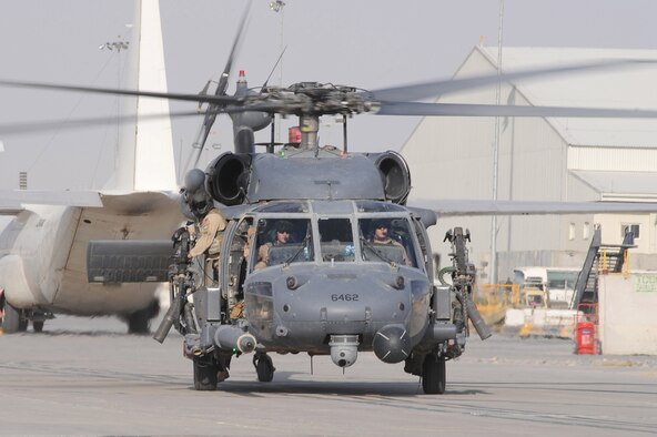 KANDAHAR AIRFIELD, Afghanistan -- An HH-60G Pave Hawk helicopter taxis before a mission Oct. 1, 2010, at Kandahar Airfield, Afghanistan. Airmen of the 26th Expeditionary Rescue Squadron conduct combat search and rescue missions as well as transporting injured military members and civilians for medical treatment. (U.S. Air Force photo/Tech. Sgt. Chad Chisholm)