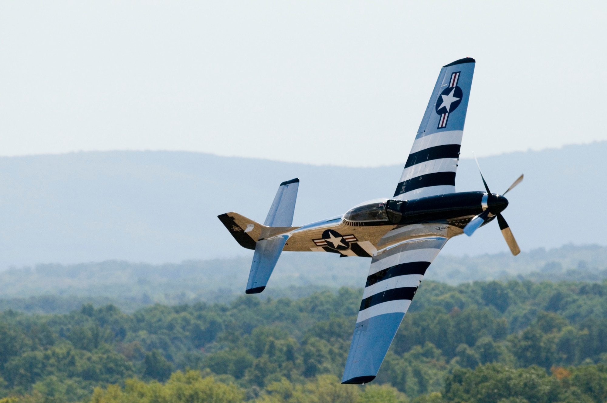 A P-51 Mustang named Quicksilver, piloted by Scott Yoak of Lewisburg, WV performs during the Thunder Over the Blue Ridge Open House and Air Show. The 167th Airlift Wing, West Virginia Air National Guard unit in Martinsburg, WV held an open house in conjuction with the Thunder Over the Blue Ridge Air Show on September 4 and 5, 2010. The U.S. Air Force Thunderbirds and the U.S. Army Golden Knights headlined the show. (U.S. Air Force photo by MSgt Sean Brennan)