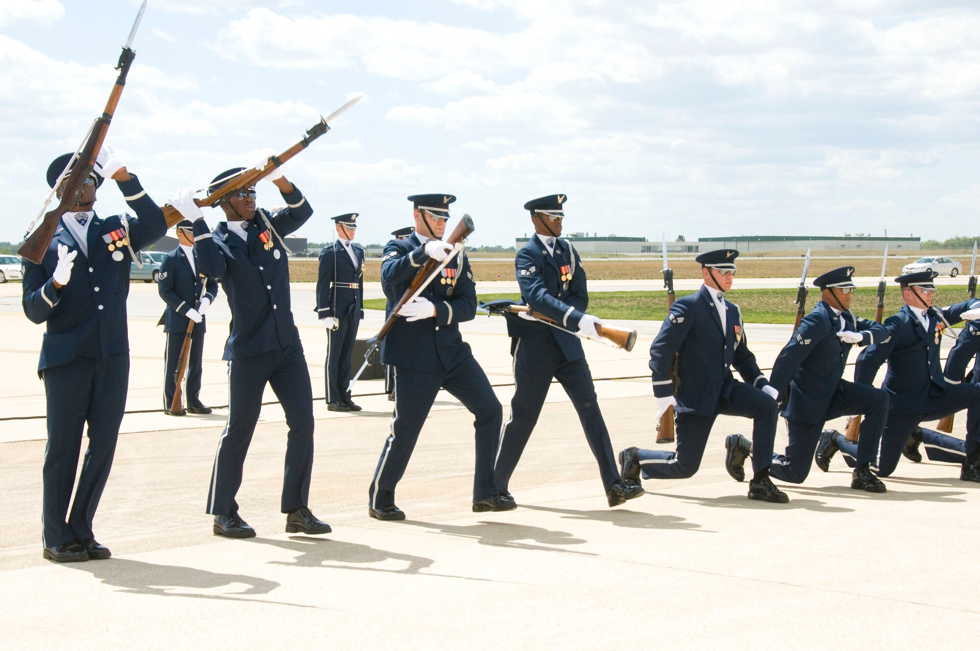 The U.S. Air Force Honor Guard Drill Team performs during the Thunder Over the Blue Ridge Open House and Air Show. The 167th Airlift Wing, West Virginia Air National Guard unit in Martinsburg, WV held an open house in conjuction with the Thunder Over the Blue Ridge Air Show on September 4 and 5, 2010. The U.S. Air Force Thunderbirds and the U.S. Army Golden Knights headlined the show. (U.S. Air Force photo by MSgt Emily Beightol-Deyerle)