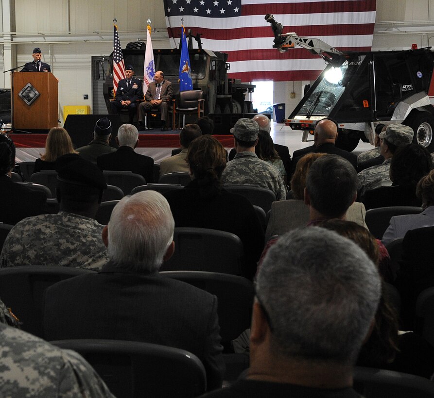 LANGLEY AIR FORCE BASE, Va - Col. Donald E. Kirkland, 633d Air Base Wing commander, addresses a joint audience during a ceremony declaring Full Operational Capability for Joint Base Langley-Eustis Oct. 1.  The purpose of joint basing is to reconfigure Department of Defense infrastructure into one where operational capacity is optimized for warfighting capability and efficiency. (U.S. Air Force Photo/Staff Sgt. Christina M. Styer)(RELEASED)