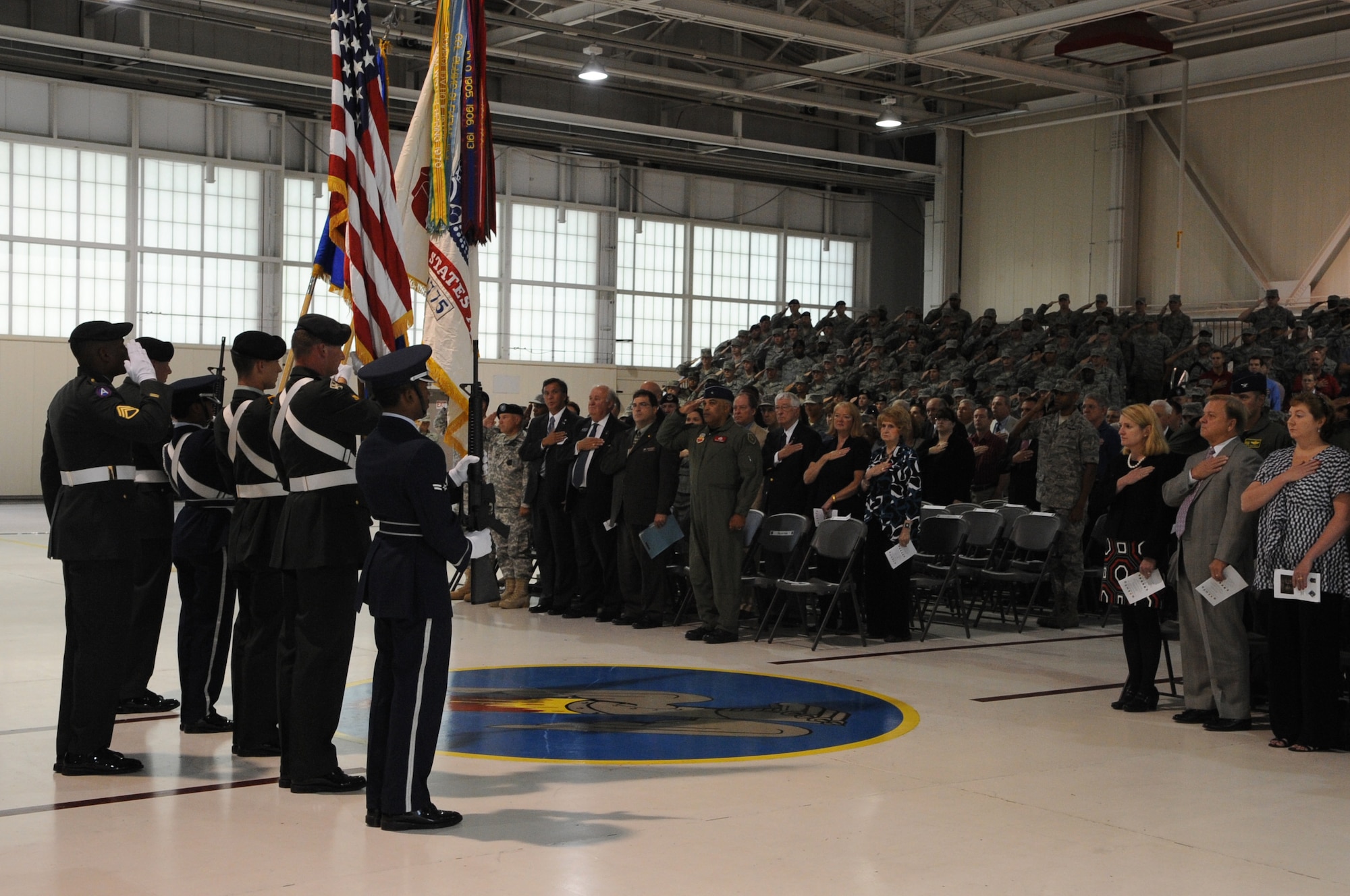 LANGLEY AIR FORCE BASE, Va - The Joint Base Langley-Eustis honorguard presents the colors during a ceremony declaring Full Operational Capability for Joint Base Langley-Eustis at Langley Oct. 1.  The purpose of joint basing is to reconfigure Department of Defense infrastructure into one where operational capacity is optimized for warfighting capability and efficiency. (U.S. Air Force Photo/Staff Sgt. Christina M. Styer)(RELEASED)  