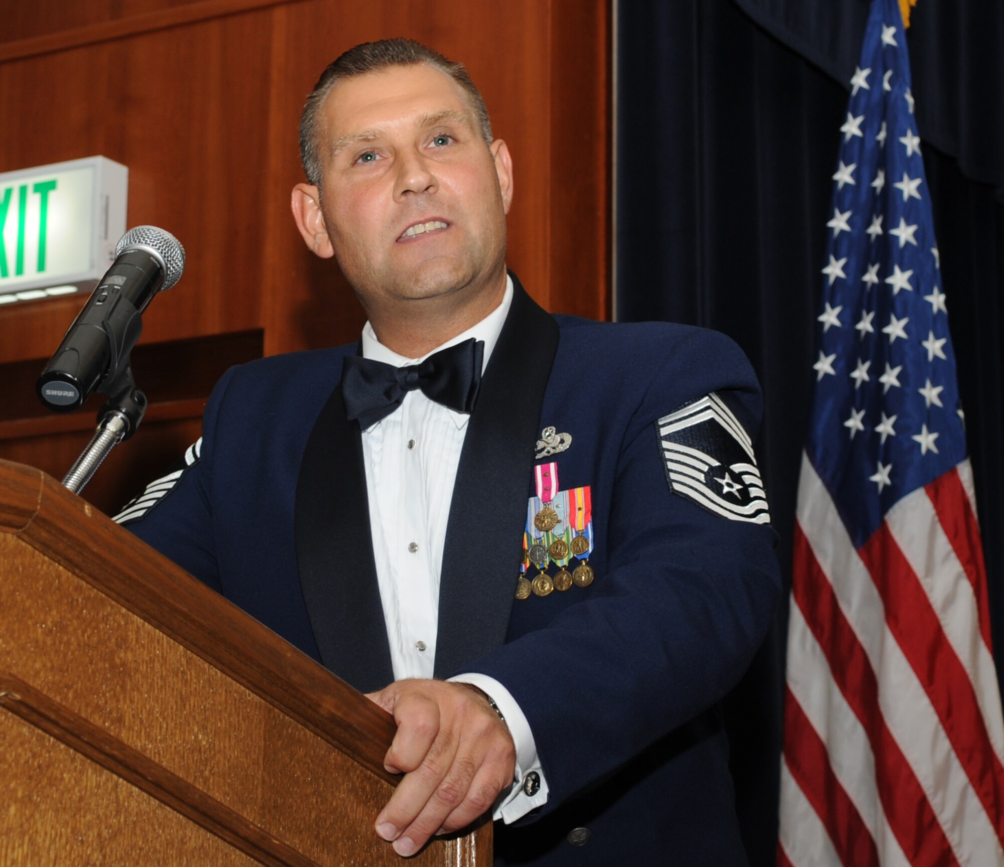 SPANGDAHLEM AIR BASE, Germany -- Chief Master Sgt. John Daigle, 52nd Fighter Wing munitions flight chief, speaks about change in the Air Force being constant during the Pitsenbarger Airman Leadership School Class 10-8 graduation Sept. 28. As a Senior Airman in 1990, Chief Daigle was required to take the Noncommissioned Officer Preperatory Course, which has evolved into today’s Airman Leadership School. (U.S. Air Force photo/Senior Airman Nick Wilson) 
