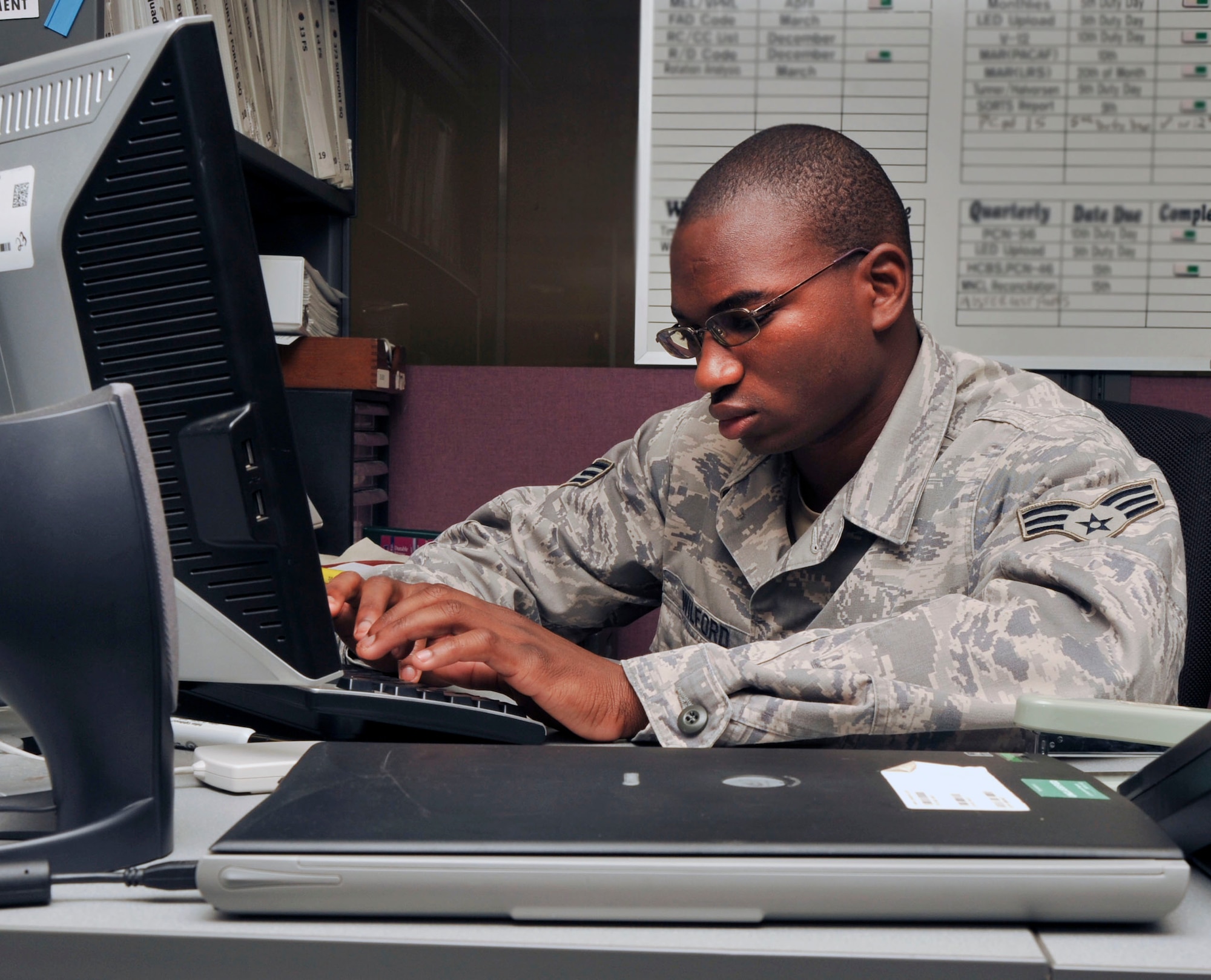 U.S. Air Force Senior Airman Ladale Wilford, 35th Logistics Readiness Squadron Vehicle Maintenance Flight, tracks government vehicles for training and worldwide operations at Misawa Air Base, Japan, Sept. 30, 2010.  Airman Wilford is in charge of the vehicle control program and acts as a liaison between unit representatives, coordinating of the use and maintenance of the vehicle fleet. (U.S. Air Force photo by Tech. Sgt. Russell McBride/Released)