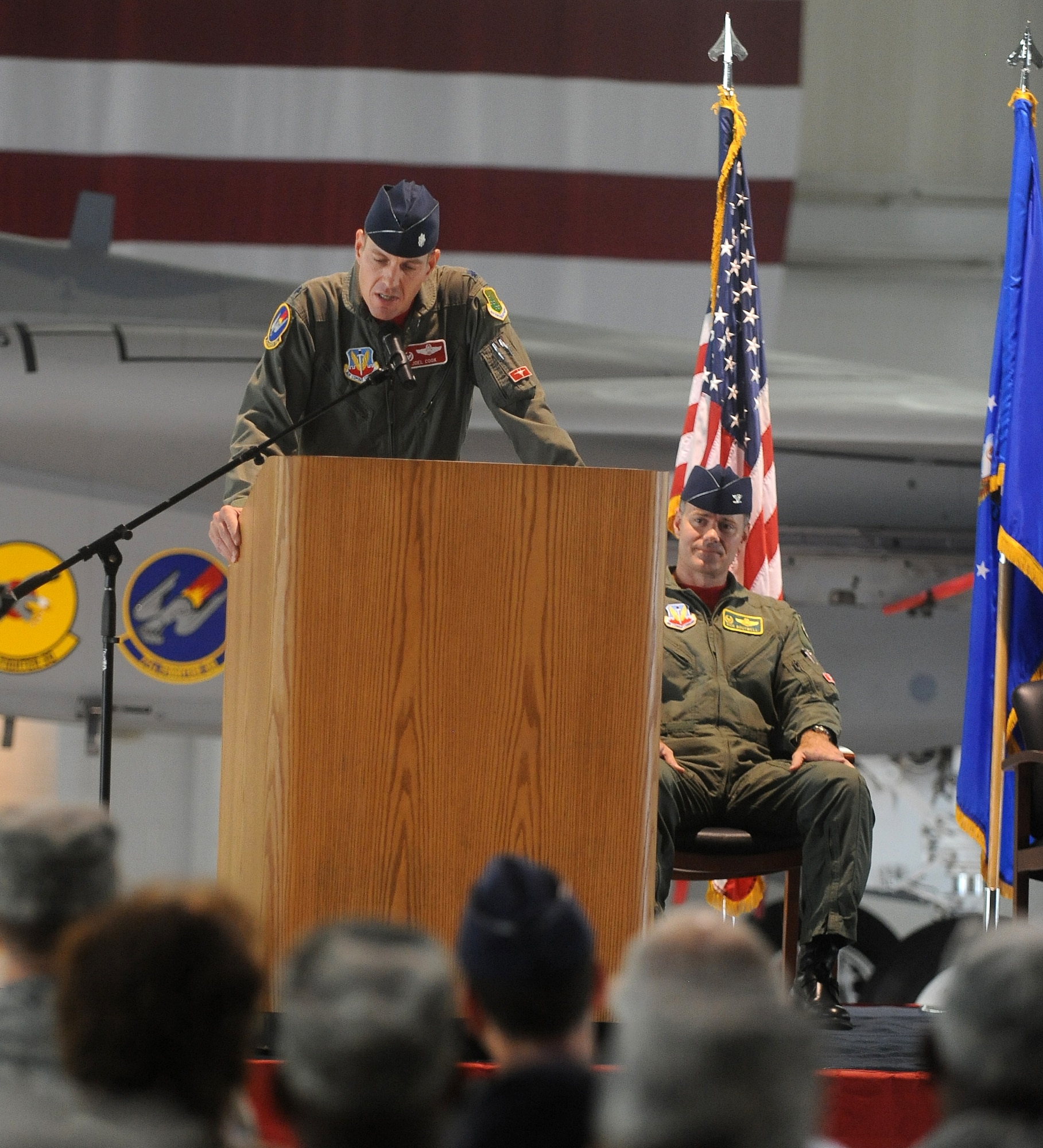 LANGLEY AIR FORCE BASE, Va - Lt. Col. Joel Cook, 71st Fighter Squadron commander, speaks to Airmen during the inactivation ceremony Sept. 30.  The 71  FS inactivation is due to the Air Force's reduction in fighter aircraft in a cost-saving effort for modernization of our weapons systems. (U.S. Air Force photo/Senior Airman Gul Crockett)  (RELEASED)