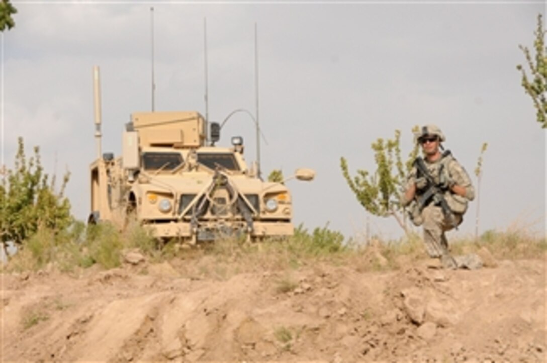 U.S. Army Sgt. Zachary Simmons, of Charlie Company, 1st Battalion, 4th Infantry Regiment, provides security during an area reconnaissance mission near Highway 1 in the Zabul province of Afghanistan on Sept. 30, 2010.  