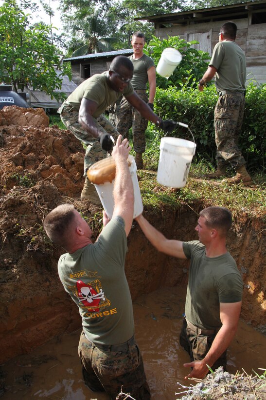 Marines from 8th Engineer Support Battalion, deployed in support of Operation Continuing Promise 2010, fill buckets to remove water to place a septic tank at an engineer site in Silico Creek, Panama, Oct. 2, 2010. Marines and sailors of CP10 are anchored off the coast of Chiriqui Grande, Panama, to conduct humanitarian operations. CP10 is a humanitarian civic assistance mission that provides medical, dental, veterinary, engineering support and disaster relief efforts to the Caribbean, Central and South America.
