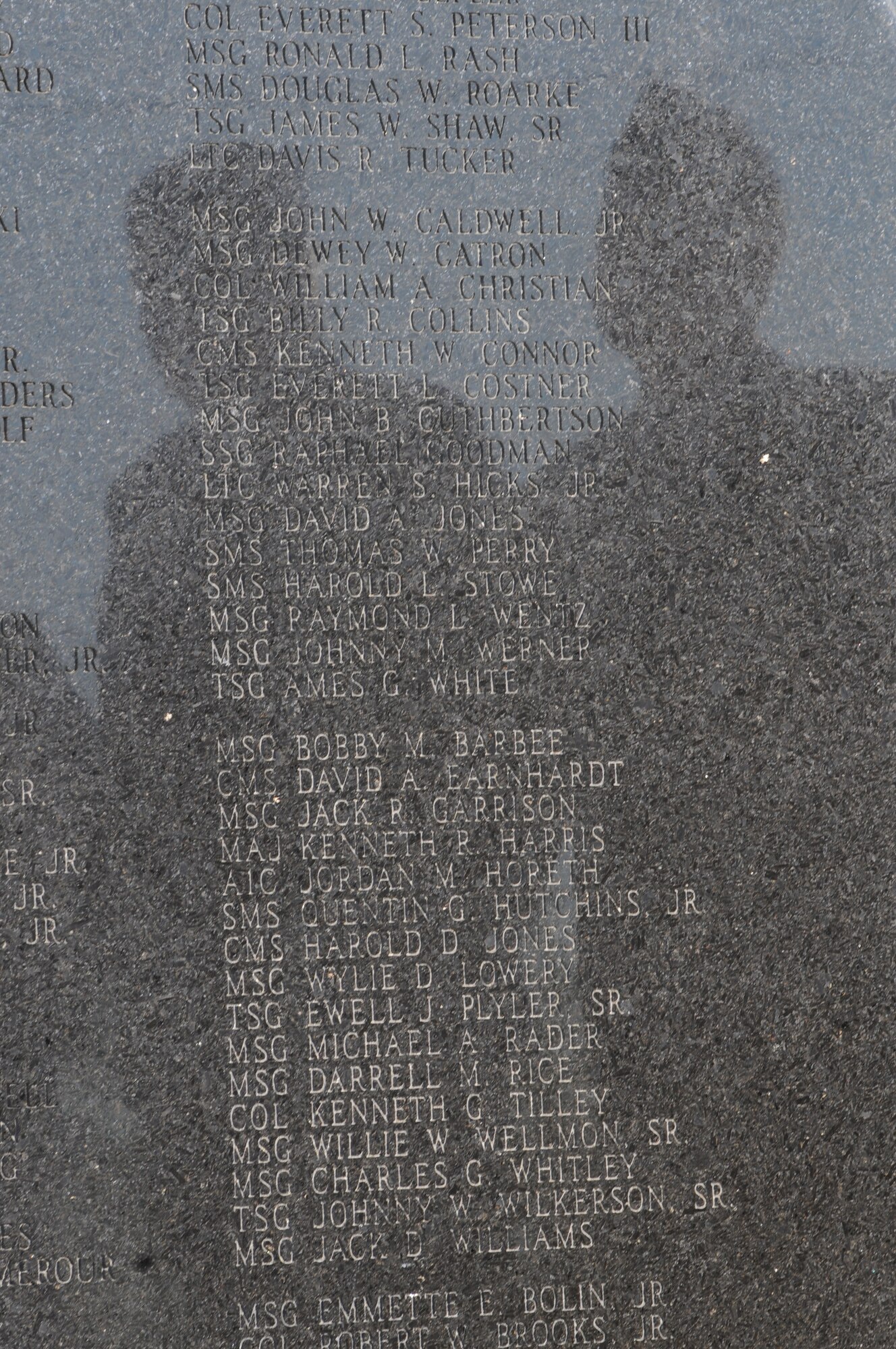 101003-F-7564C-018
Charlotte, N.C. -- The shadows of two airmen are reflected onto names of deceased airmen of the NC Air National Guard during an annual memorial service at the 145th Airlift Wing. (NCANG photo by Tech. Sgt. Brian E. Christiansen)