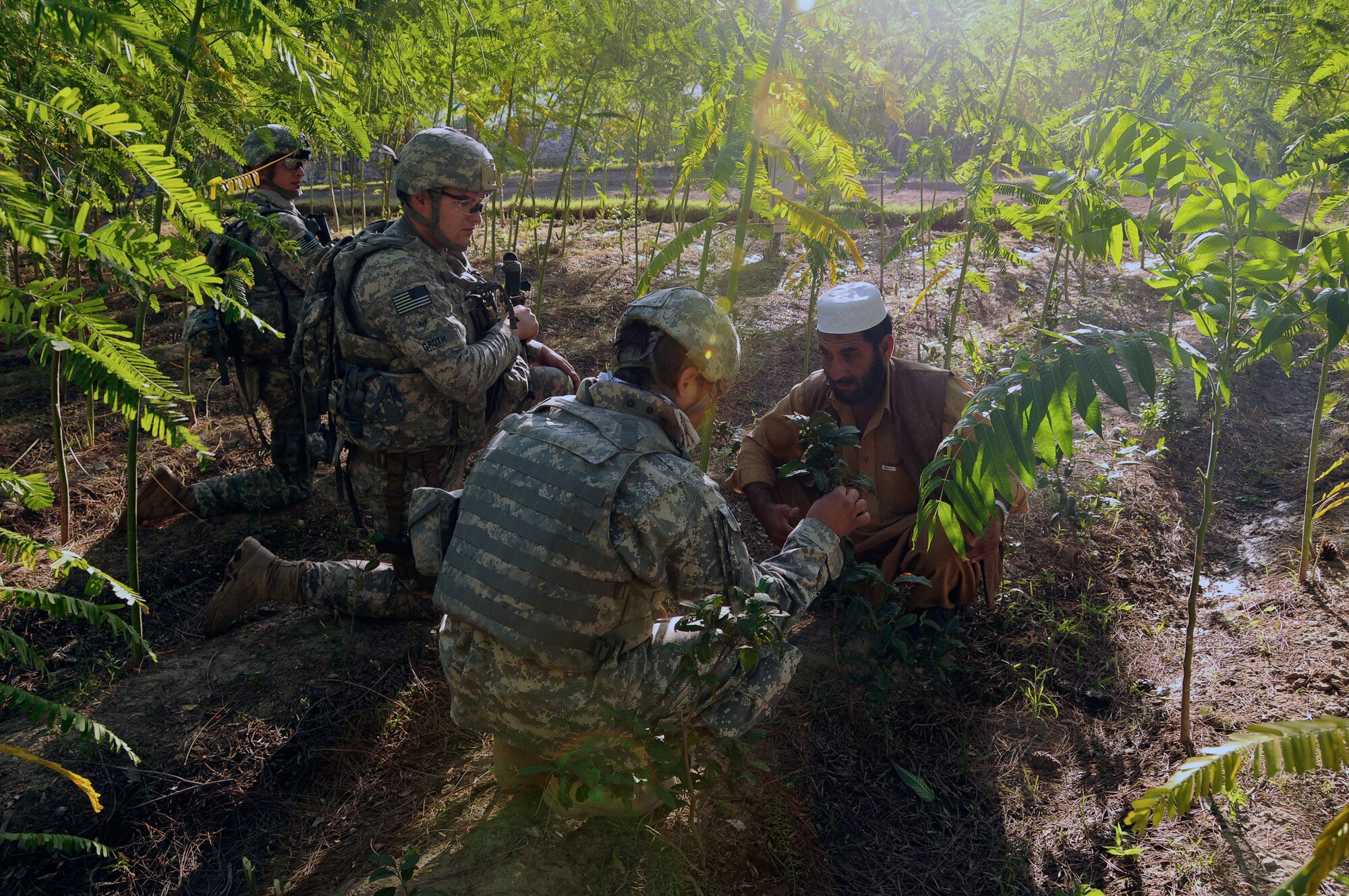 U.S. Army Sgt. Tanner Ruble, a military policeman with the Iowa National Guard's 734th Agri-Business Development Team of the Iowa National Guard, provides security as U.S. Air Force Staff Sgt. Bennett Groth, production agriculture specialist for the ADT, speaks through an interpreter to Mohammed Ismael, manager of the Salar Bagh Demonstration Farm, Sept. 21, 2010. The farm is owned and operated by the government of Kunar Province near Asadabad, Afghanistan. The soldier and airman were part of a mission to assess the farm, which produces corn, soybeans, tea and locust trees for timber. The ADT found the demonstration farm to be superbly run and the farm manager to have a high degree of agricultural expertise, leading the ADT to focus on methods of transferring the farm manager's skill-set to farmers throughout the province. (Photo by Capt. Peter Shinn, Combined Joint Task Force 101)
