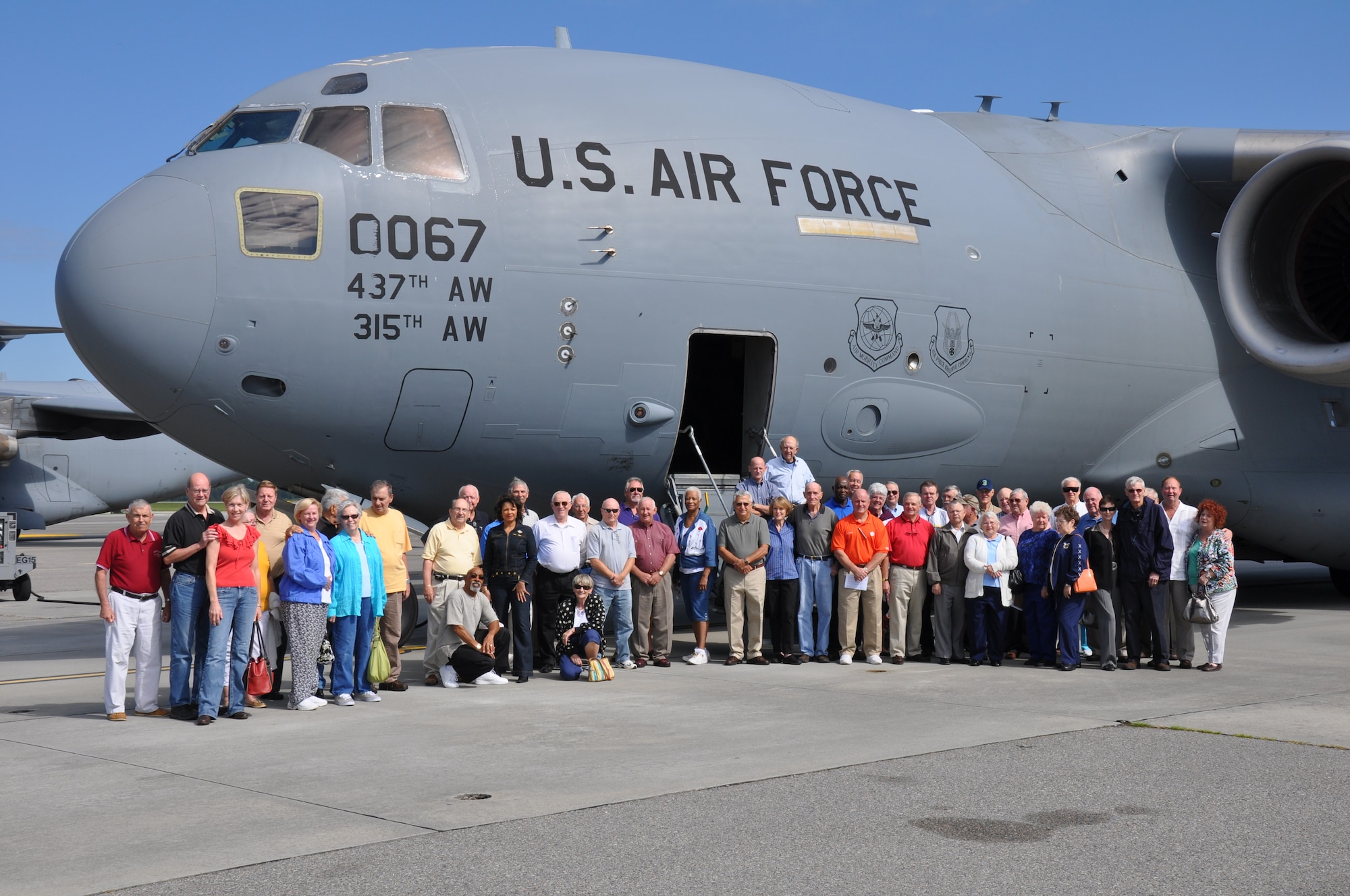 The Air Transportation Reunion visited Charleston Air Force Base, South Carolina, Oct 2 where they were given tour a C-17 static display by members of the 701st Airlift Squadron. The group of retired air transporters were greeted by Col Russ Fingar, 315th Airlift Wing vice commander and Lt Col Chuck Drouillard, 81st Aerial Port Squadron commander. 
