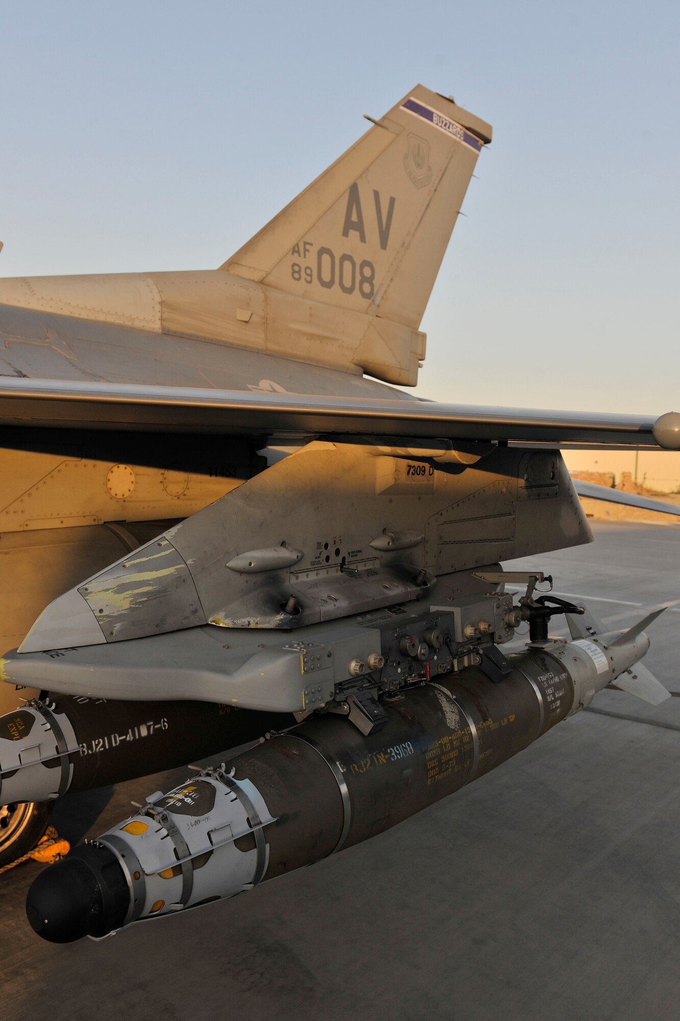 A guided bomb unit-54, GBU-54, rests on the wing of a F-16 Fighting Falcon from Aviano Air Base, Italy, at Bagram Airfield, Afghanistan, Oct. 1, 2010. The GBU-54 is the Air Force's newest 500-pound precision weapon, equipped with a special targeting system that uses a combination of Global Position System and laser guidance to accurately engage and destroy moving targets. (U.S. Air Force photo/Staff Sgt. Christopher Boitz) 
