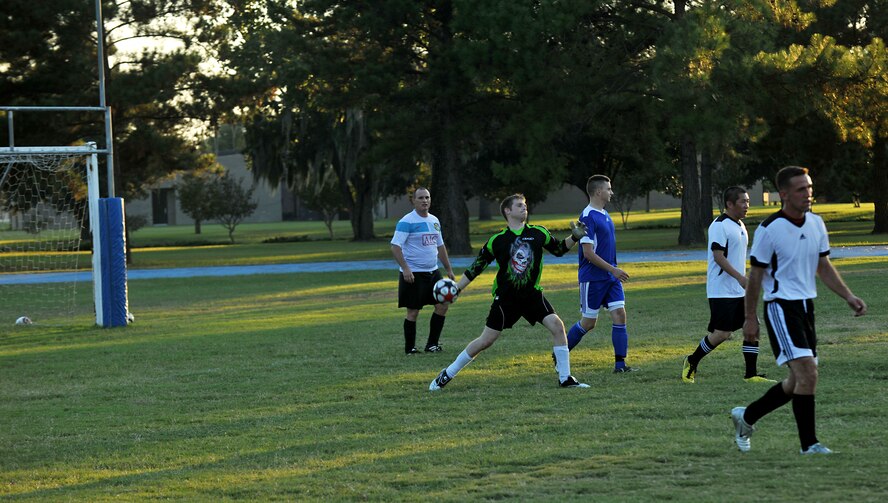 MOODY AIR FORCE BASE, Ga. -- Reese Massey, clears the ball after making a stop during Moody’s varsity team scrimmage here Oct. 1. Mr. Massey played for the B team and will be the backup goalie for the game against Valdosta State University. (U.S. Air Force photo/Airman 1st Class Joshua Green)
