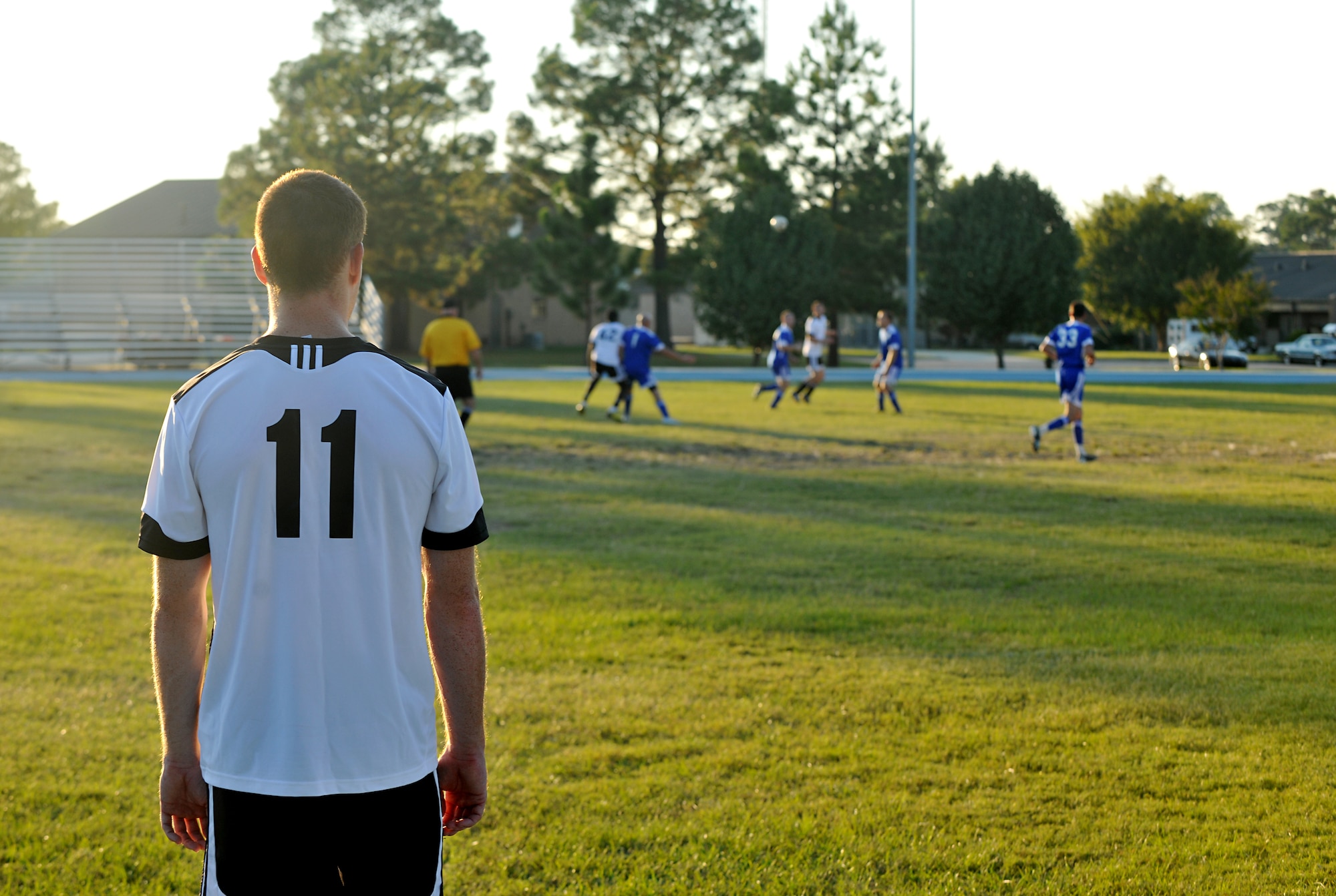 MOODY AIR FORCE BASE, Ga. -- Dave Johnston, stands on the sidelines during Moody’s varsity team scrimmage here Oct. 1. Mr. Johnston is on the B team and will provide help off the bench during the game against Valdosta State University. (U.S. Air Force photo/Airman 1st Class Joshua Green)
