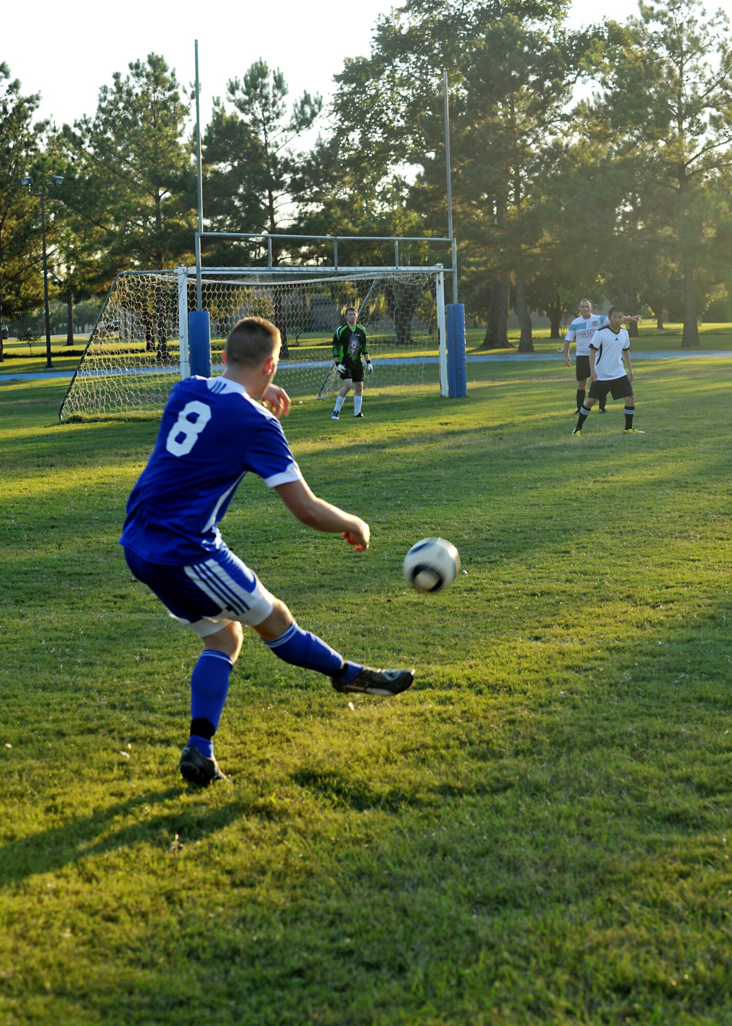 MOODY AIR FORCE BASE, Ga. -- Dallas Mallon, makes a cross for the goal during Moody’s varsity soccer team scrimmage here Oct. 1. The team practices twice a week, once if they have a game.  
(U.S. Air Force photo/Airman 1st Class Joshua Green)
