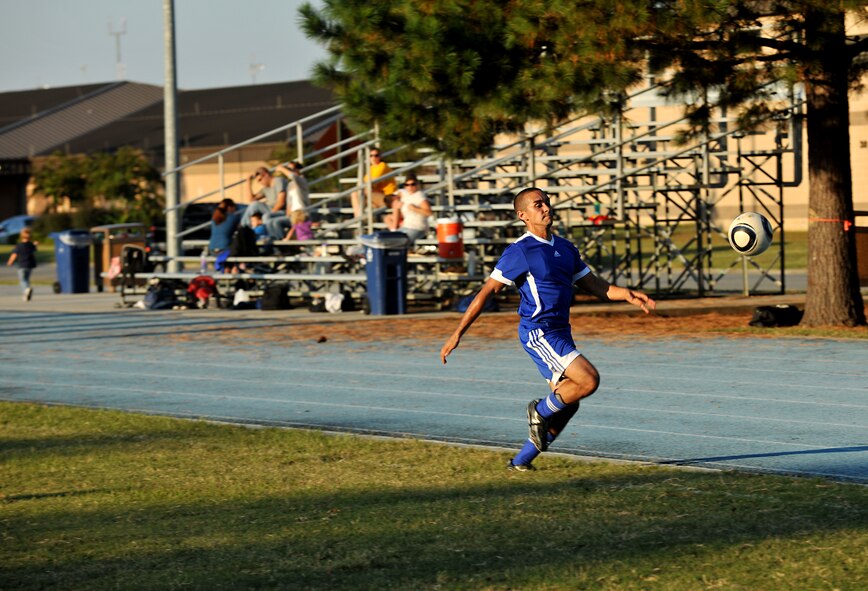 MOODY AIR FORCE BASE, Ga. -- Thomas Wilent, tries to save a ball from going out of bounds during Moody’s varsity soccer team scrimmage here Oct. 1. Mr. Wilent is a part of the A team and will be in the starting lineup at Wednesdays game against Valdosta State University. (U.S. Air Force photo/Airman 1st Class Joshua Green)
