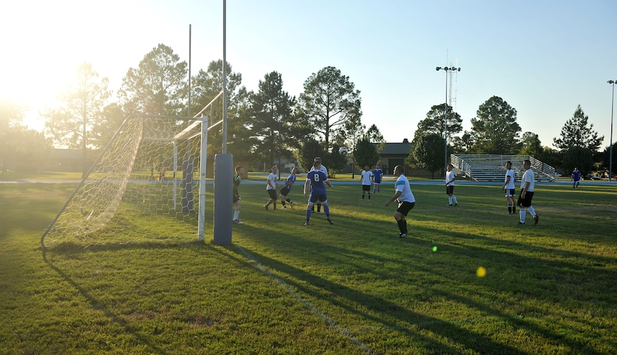 MOODY AIR FORCE BASE, Ga. -- After a cross during Moody’s varsity soccer team scrimmage defenders tries to clear the ball here Oct. 1. Moody’s varsity team ran this practice in preparation for a game against Valdosta State University. (U.S. Air Force photo/Airman 1st Class Joshua Green)

