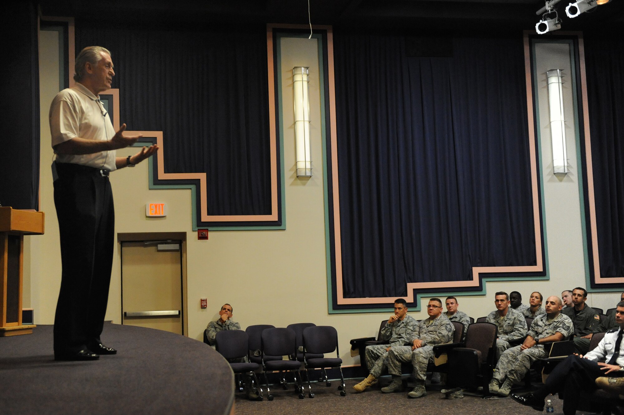Pat Riley, Miami HEAT president, speaks to U.S. Air Force members at the Commando Auditorium during the team's 2010 Training Camp on Hurlburt Field, Fla., Sept. 29, 2010. Mr. Riley spoke to the Airmen about the importance of leadership. (DoD photo by U.S. Air Force Airman 1st Class Caitlin O'Neil-McKeown/RELEASED)


