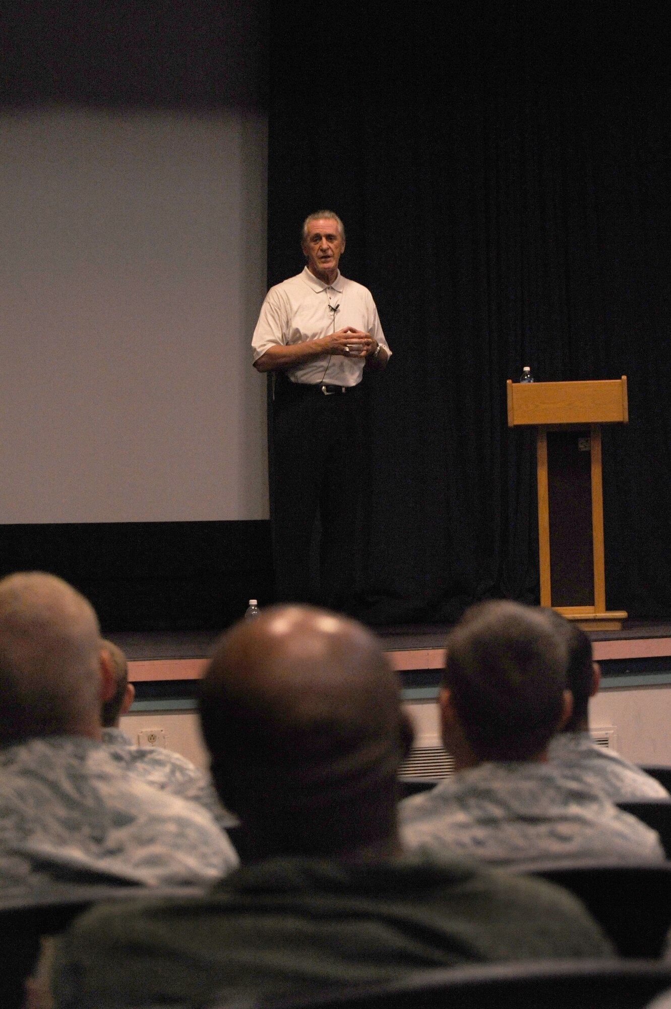 Pat Riley, Miami HEAT president, speaks to U.S. Air Force members at the Commando Auditorium during the team's 2010 Training Camp on Hurlburt Field, Fla., Sept. 29, 2010. Mr. Riley spoke to the Airmen about the importance of leadership. (DoD photo by U.S. Air Force Airman 1st Class Caitlin O'Neil-McKeown/RELEASED)


