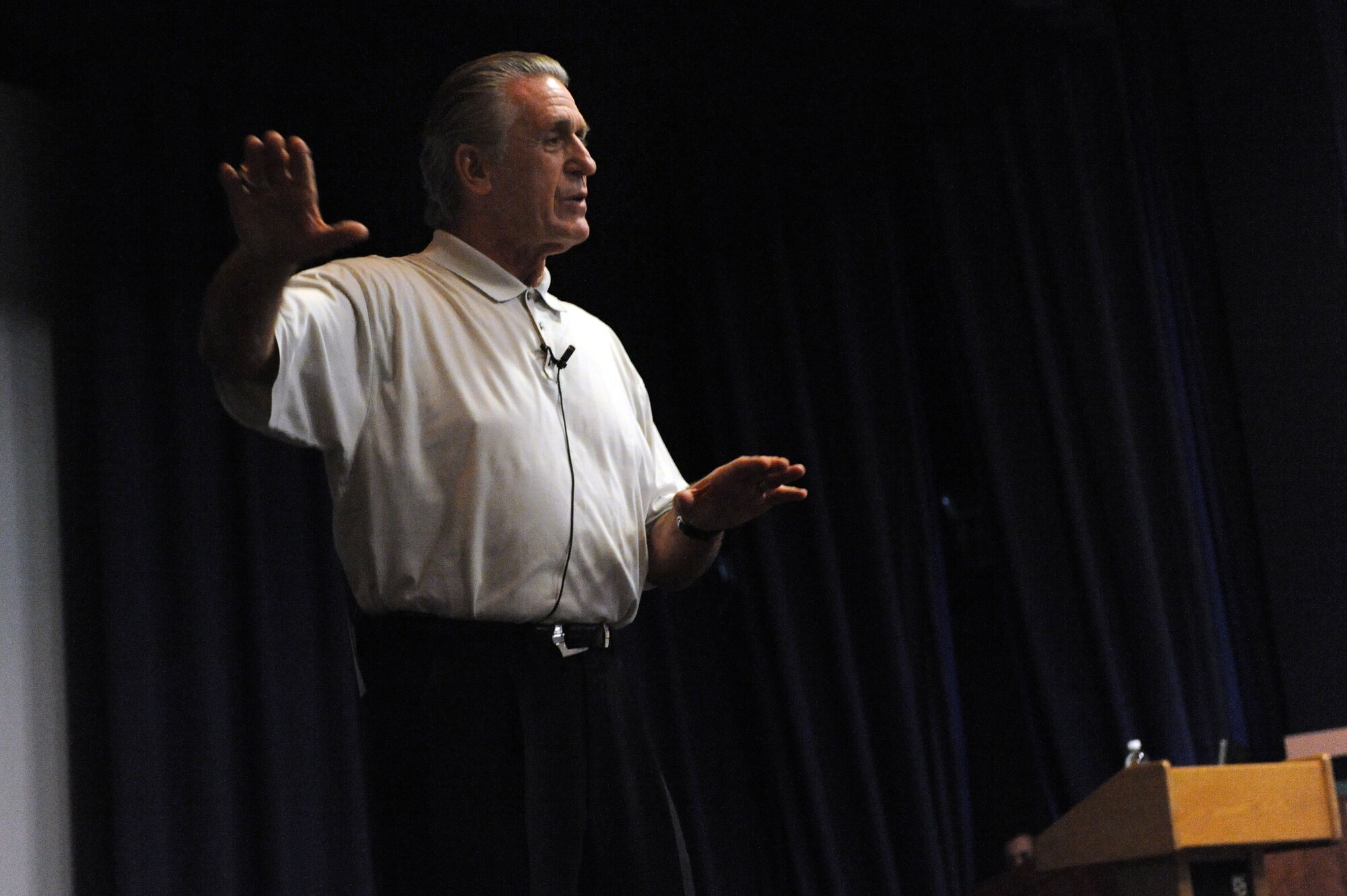 Pat Riley, Miami HEAT president, speaks to U.S. Air Force members at the Commando Auditorium during the team's 2010 Training Camp on Hurlburt Field, Fla., Sept. 29, 2010. Mr. Riley spoke to the Airmen about the importance of leadership. (DoD photo by U.S. Air Force Airman 1st Class Caitlin O'Neil-McKeown/RELEASED)


