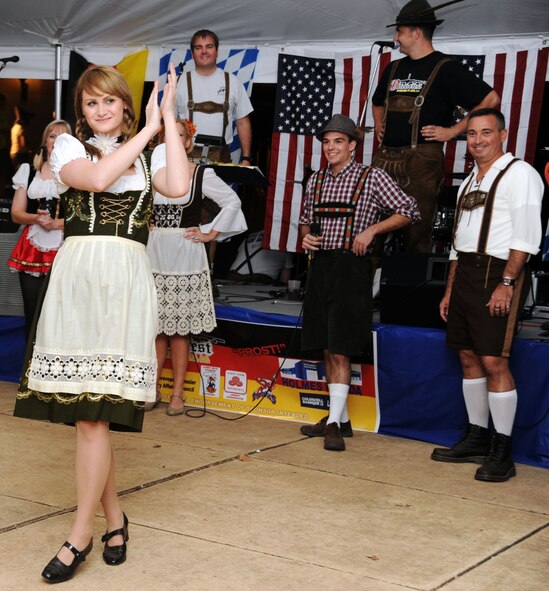 BARKSDALE AIR FORCE BASE, La. -- Barksdale personnel and their families participate in the lederhosen and dirndls costume contest during Oktoberfest Oct. 1. The Barksdale Oktoberfest is based on the traditional German Oktoberfest, a 200 year-old festival held in Munich. (U.S. Air Force photo/Senior Airman Brittany Y. Bateman)(RELEASED)