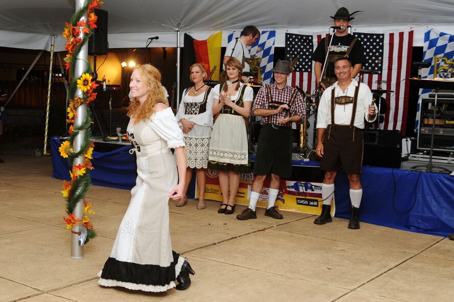 BARKSDALE AIR FORCE BASE, La. -- Barksdale personnel and their families participate in the lederhosen and dirndls costume contest during Oktoberfest Oct. 1. The Barksdale Oktoberfest is based on the traditional German Oktoberfest, a 200 year-old festival held in Munich. (U.S. Air Force photo/Senior Airman Brittany Y. Bateman)(RELEASED)