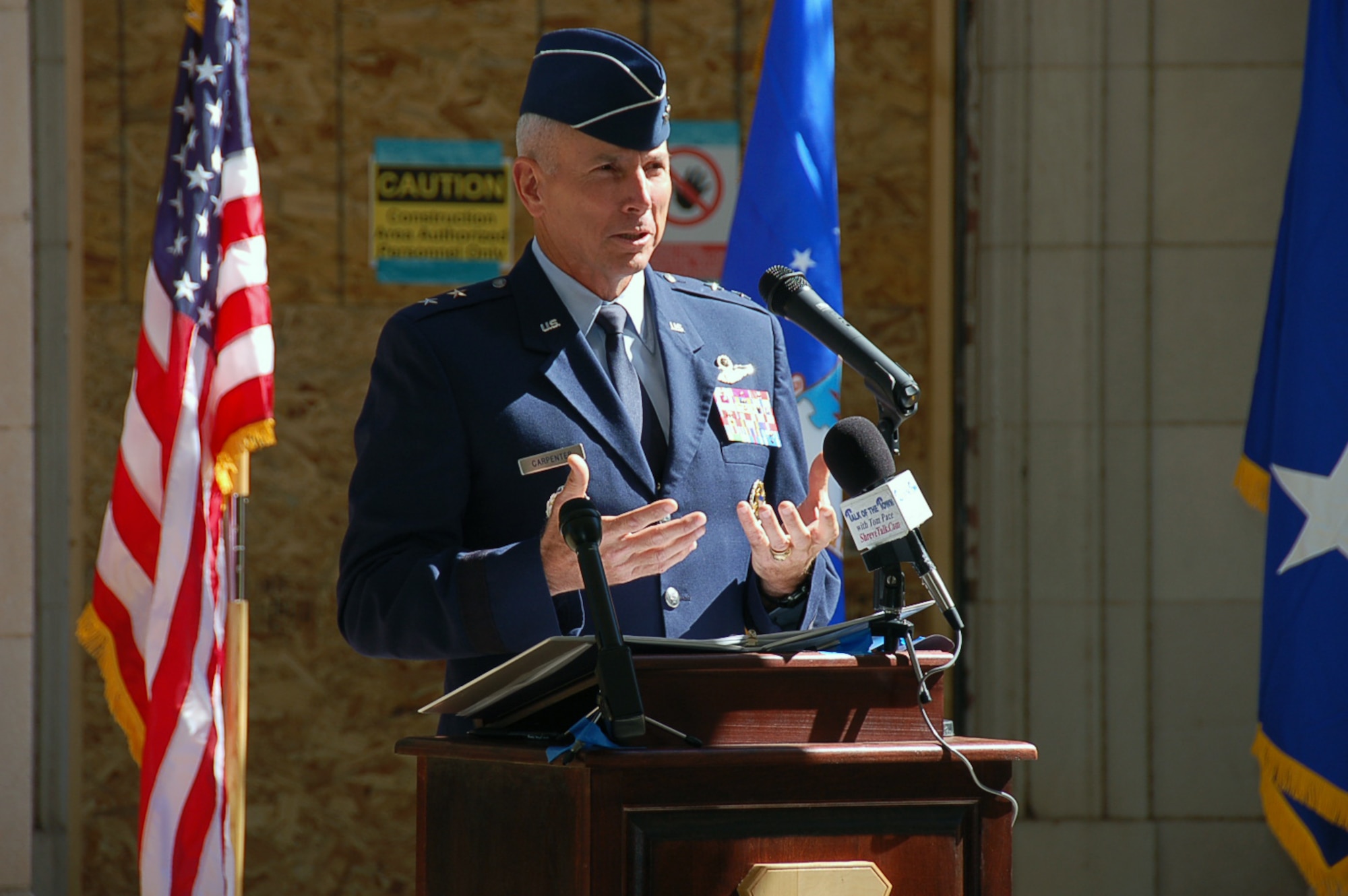 BARKSDALE AIR FORCE BASE, La. – Maj. Gen. Floyd Carpenter, Eighth Air Force commander, speaks during the groundbreaking ceremony on the $25 million renovation to the new Eighth Air Force Headquarters building on Barksdale Air Force Base Oct. 4. The renovation project covers more than 77,000 square feet of office space. Once completed, the headquarters will be equipped with the modern, state-of-the-art communications and information security systems needed to support one of our nation’s most important missions – the mission of nuclear deterrence and global strike operations. (U.S. Air Force photo by Staff Sgt. Brian Stives)