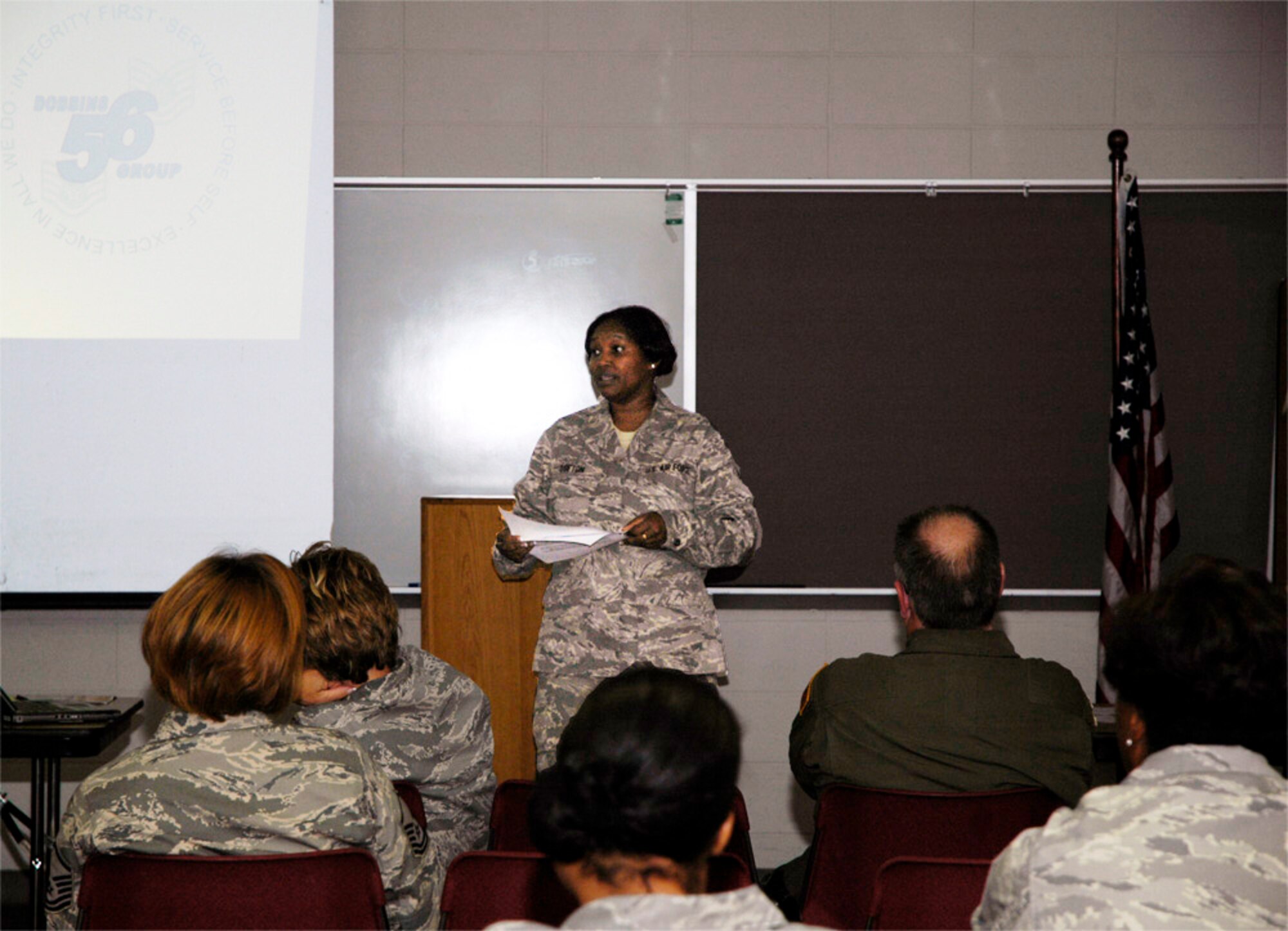 The TOP 3 discussed various subjects at their meeting Oct. 3 which took place in the Civil Engineering Building here. Technical Sgt. Tanisha Lofton, President of the 56 Group, was the guest speaker. Sgt. Lofton asked the TOP 3 to encourage their staff to join the 56 Group. (U.S. Air Force Photo/Senior Airman Danielle Campbell) 