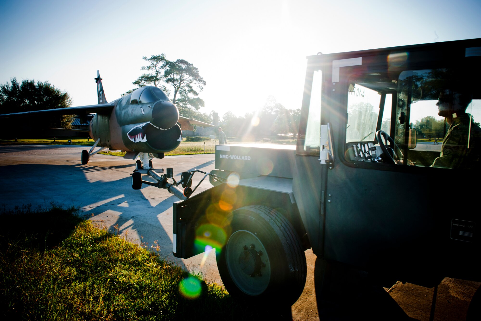 MOODY AIR FORCE BASE, Ga. -- Members of the 23rd Equipment Maintenance Squadron maintenance flight position an A-7D Corsair II Oct. 3 at what will soon be Moody’s Heritage Park. The park has been in the works for more than a year. (U.S. Air Force photo/Senior Airman Jamal D. Sutter)