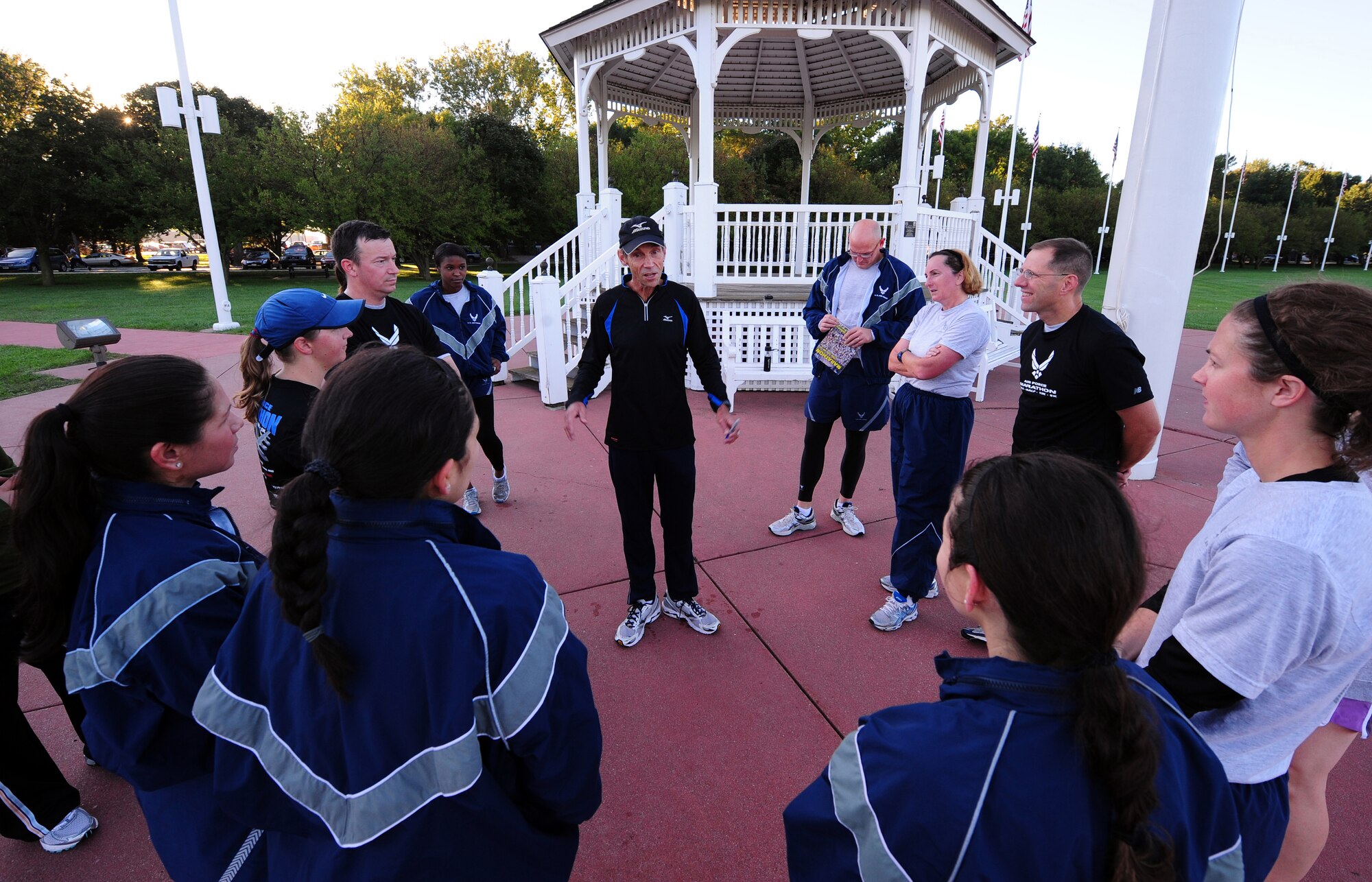 OFFUTT AIR FORCE BASE, Neb. - Former Olympic runner Jeff Galloway visits with members of Team Offutt following a morning run on base Sept. 27.  Mr. Galloway is a world-class athlete who ran on the 1972 U.S. Olympic Team and tours the country spreading his knowledge and love of running to 200,000 runners annually. U.S. Air Force photo by Josh Plueger
