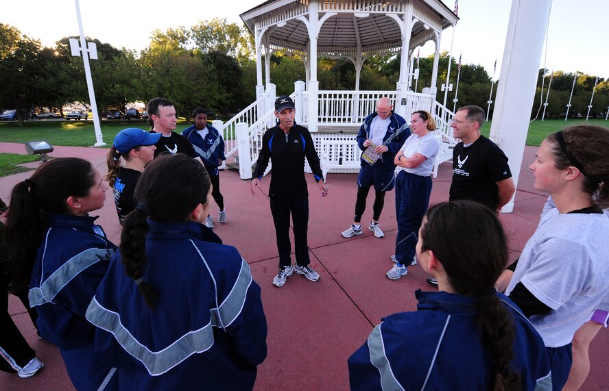 OFFUTT AIR FORCE BASE, Neb. - Former Olympic runner Jeff Galloway visits with members of Team Offutt following a morning run on base Sept. 27.  Mr. Galloway is a world-class athlete who ran on the 1972 U.S. Olympic Team and tours the country spreading his knowledge and love of running to 200,000 runners annually. U.S. Air Force photo by Josh Plueger
