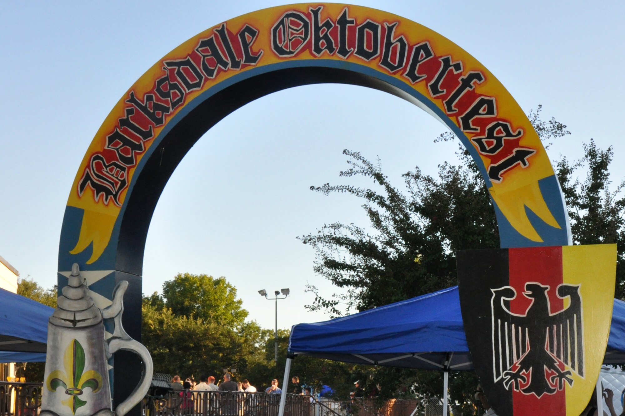 Barksdale Air Force Base, La., celebrated its third-annual Oktoberfest on Friday Oct. 1, 2010. A number of 917th Airmen and their families attended the event. The price of admission included bratwurst, schnitzel, German potato salad, and a roll; along with 2 beverages and a commemorative Oktoberfest cup. Partygoers talked, ate, sang and danced, while others participated in the keg rolling and a costume contest. (U.S. Air Force photo/Tech. Sgt. Jeff Walston)