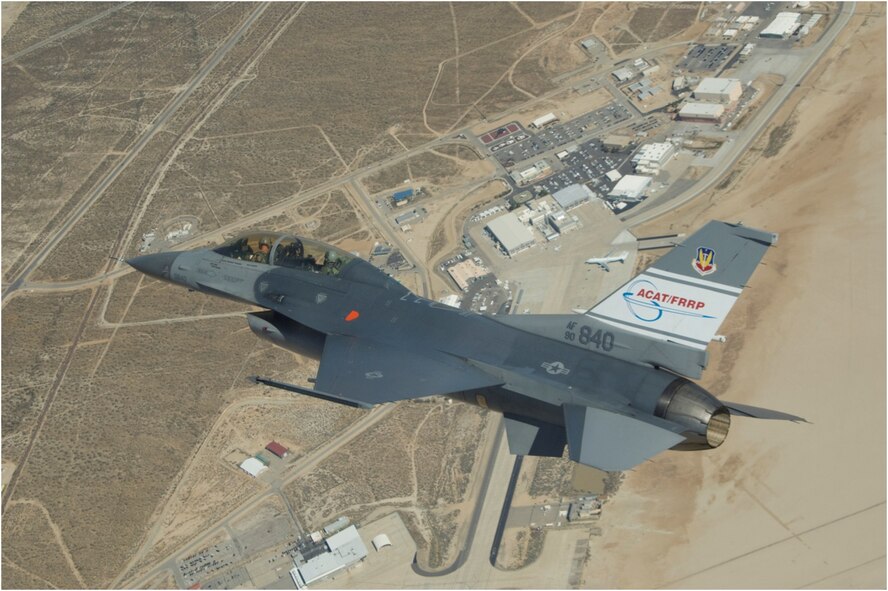The ACAT/FRRP F-16 technology vehicle flies over Edwards AFB during a recent Automatic Ground Collision Avoidance System flight test.  This vehicle recently completed its 103rd flight, helping validate Auto GCAS and readying the technology for the planned integration into F-16 production aircraft in 2014.  (NASA photo)